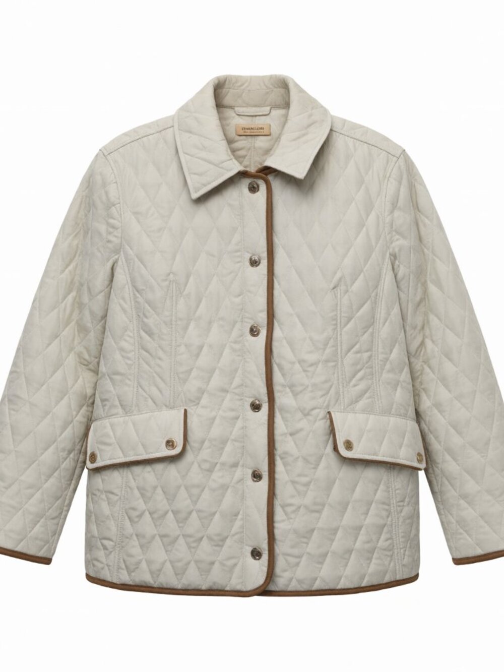 Chico's Ivory Brown Quilted Jacket Women Size 16/18 Ivory Button-Up Polyester